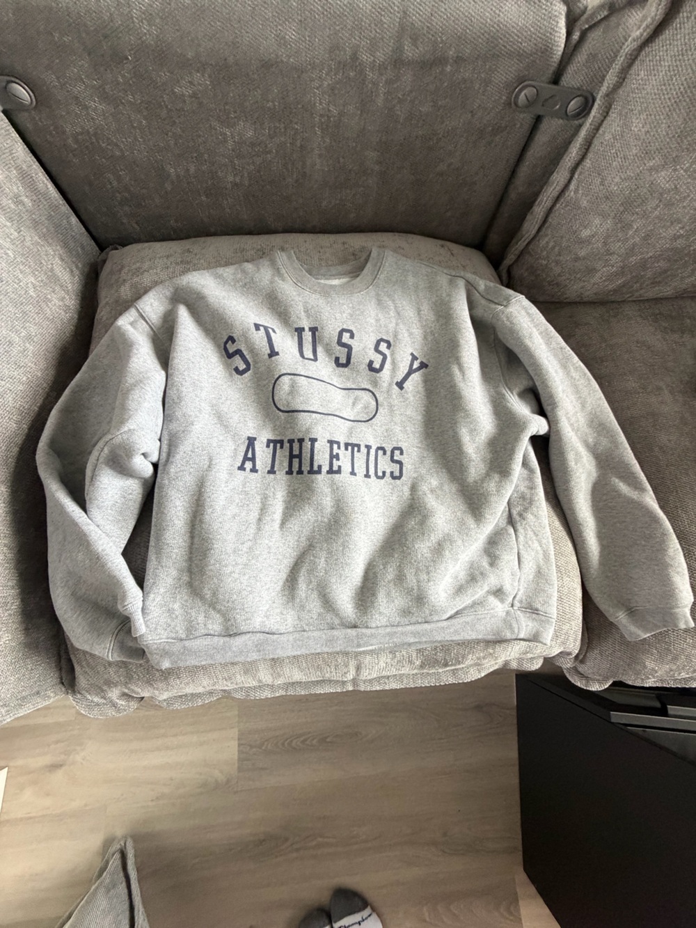 Stussy Gray Crewneck Sweatshirt with Navy Athletics Print